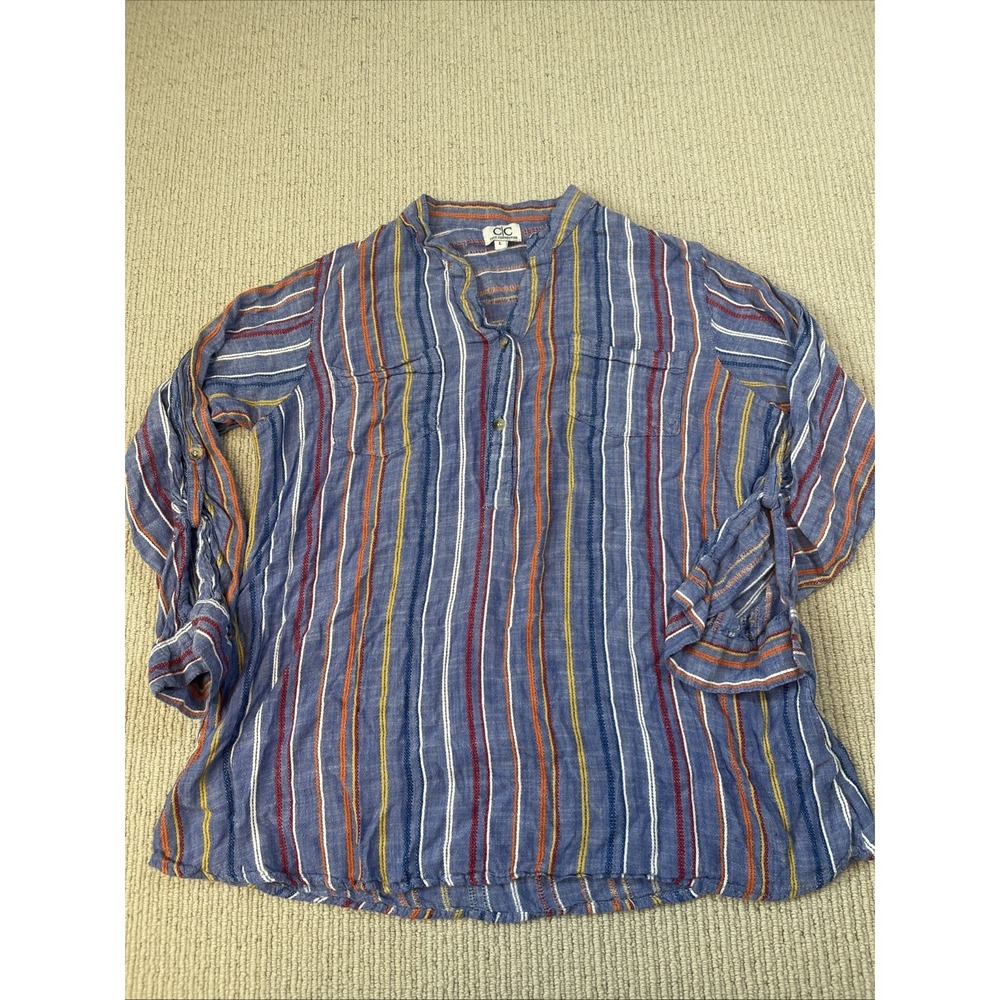 Chic Connection Women's Large Purple Embroidered Stripped Pullover Button Beachy